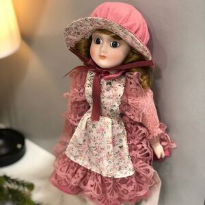Porcelain Doll in Pink Floral Dress - Kids Toys